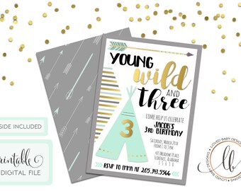 Young Wild and Three Birthday Invitation, Young Wild and 3 Birthday Invitaiton, Third Birthday Invitation, Tribal Invitation - Printable