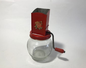 Vintage Nut Grinder and Glass Jar Red Wood Handle Anchor Hocking