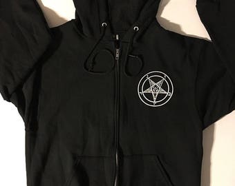 Pentagram Pocket Print w/ Baphomet Back print Men's Zipper Hoodie Occult Witchcraft Evil Satan Wicca Satanic horror
