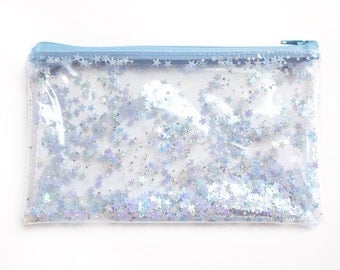 Blue Star / Pencil case, Transparent wallet, Clear bag, Purse organizer, glitter bag