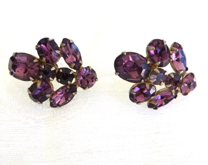 Amethyst Glass Earrings, Vintage Screw Back, Purple Rhinestone Earrings, 1950s