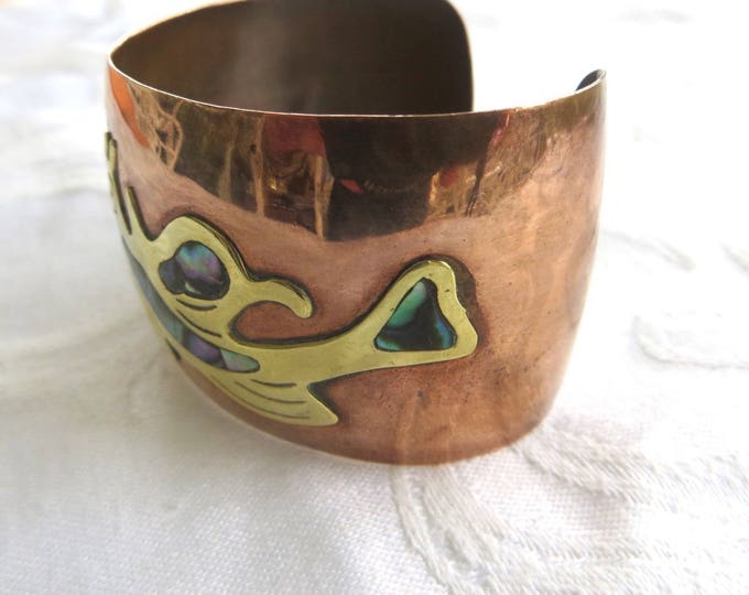 Vintage Copper Cuff Bracelet, Brass and Abalone Inlay, Boho Bracelet