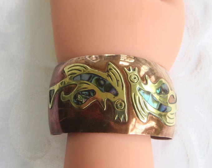 Vintage Copper Cuff Bracelet, Brass and Abalone Inlay, Boho Bracelet