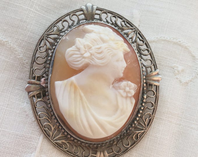 Sterling Filigree Cameo Brooch, Cannetille Sterling Silver Setting, Carved Shell Cameo Pin, Cameo jewelry