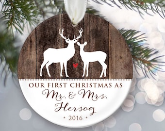 Our First Christmas as Mr & Mrs, Faux wood, Personalized Buck and Doe Deer Christmas Ornament Newlywed Ornament Wedding Ornament OR499