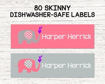 80 Skinny Personalized Waterproof Labels Waterproof Stickers Dishwasher Safe Daycare Label School - Pink Elephants