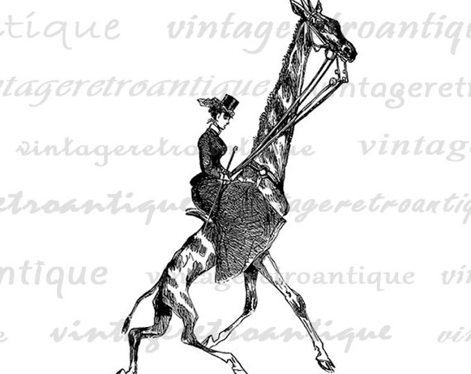 Lady Riding Giraffe Printable Digital Image Antique Illustration Download Graphic Vintage Clip Art Jpg Png Eps HQ 300dpi No.3297