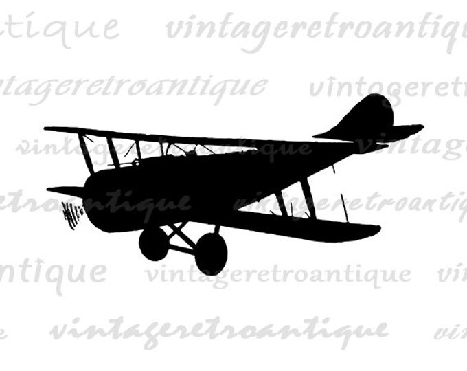 Airplane Silhouette Image Printable Digital Antique Airplane Graphic Plane Art Vintage Biplane Download for Transfers HQ 300dpi No.4666