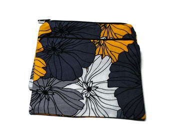 Reusable Snack Bags Set of 2 Zipper Yellow Gray Black Floral Flowers