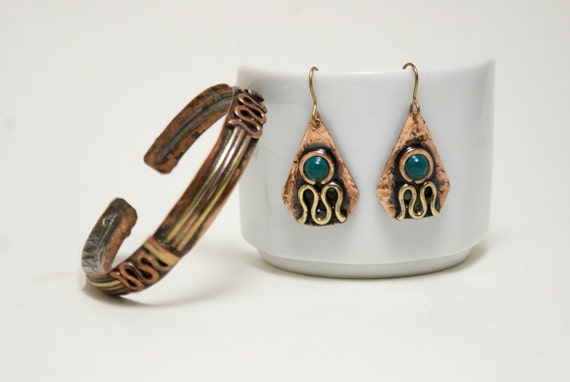 Bohemian Jewelry / Bohemian Bracelets and Earrings Jewelry Set / Copper Cuff Bracelet with Dangle Earrings / Gifts for her, Gifts for Mom