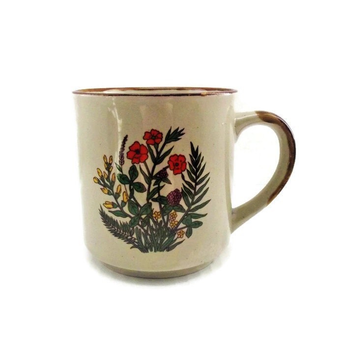 Vintage Hand Painted Stoneware Floral Coffee Mugs/ Set of Four