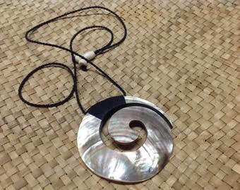 Traditional Maori Design Inspired Carved Black Lip Mother Of Pearl Shell Spiral With Adjustable Necklace ..Koru