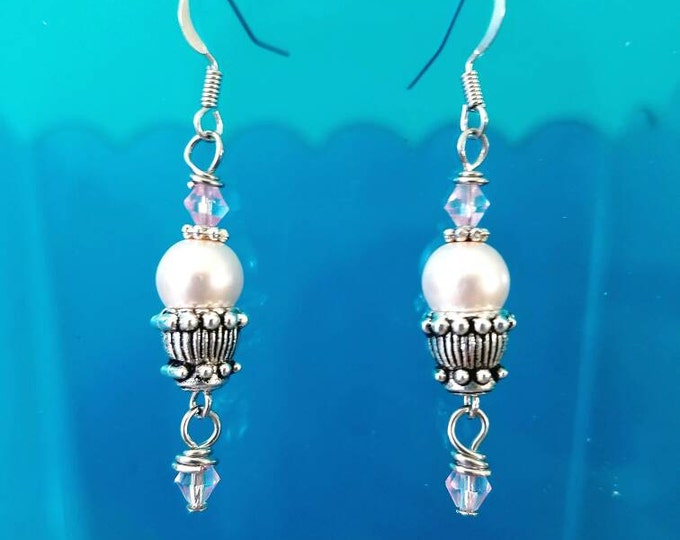 Custom Silver Diamond Pearl Dangle Earrings