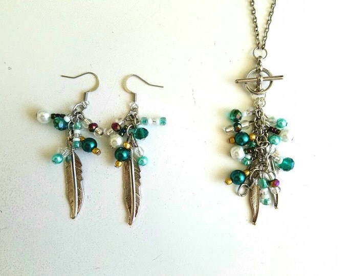 Blue Teal Green White Feather Cluster Silver Earrings