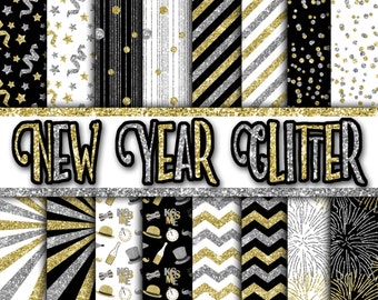 New Years Glitter Digital Paper - New Years Eve Backgrounds - Gold and Silver Glitter Papers - 16 Designs - 12in x 12in - Instant Download
