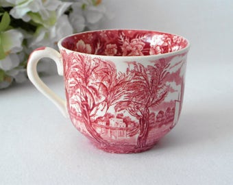 Cup THAMES RIVER SCENES red white Transferware Palissy porcelain coffee mug / small blemish