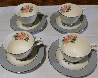 Set of 4 Homer Laughlin Empire Grey Footed Cups and Saucers