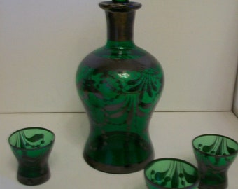 SALE c. 1920s Antique Venetian Glass Decanter Set, Victorian Green and Silver
