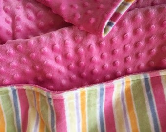 A pink , green, yellow white stripe minky, the back is a bubblegum pink minky.