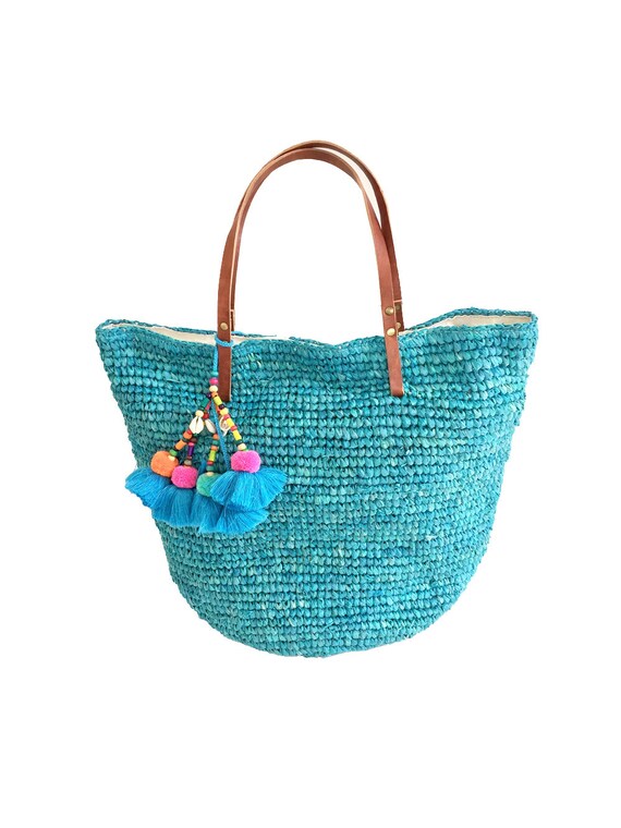 Turquoise Woven Straw Beach Bag Turquoise Straw Basket
