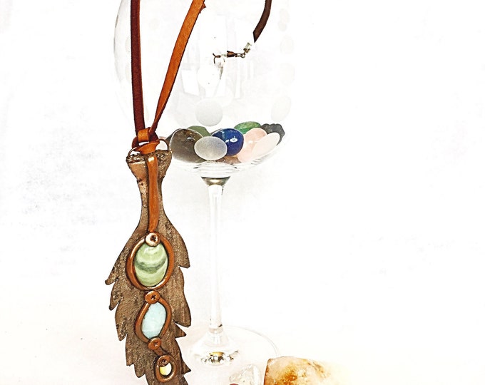 Serpentine, Larimar and Yellow Cat Eye Bronze Feather Pendant on Deer Skin Leather, Boho Healing Crystal Necklace, Calming