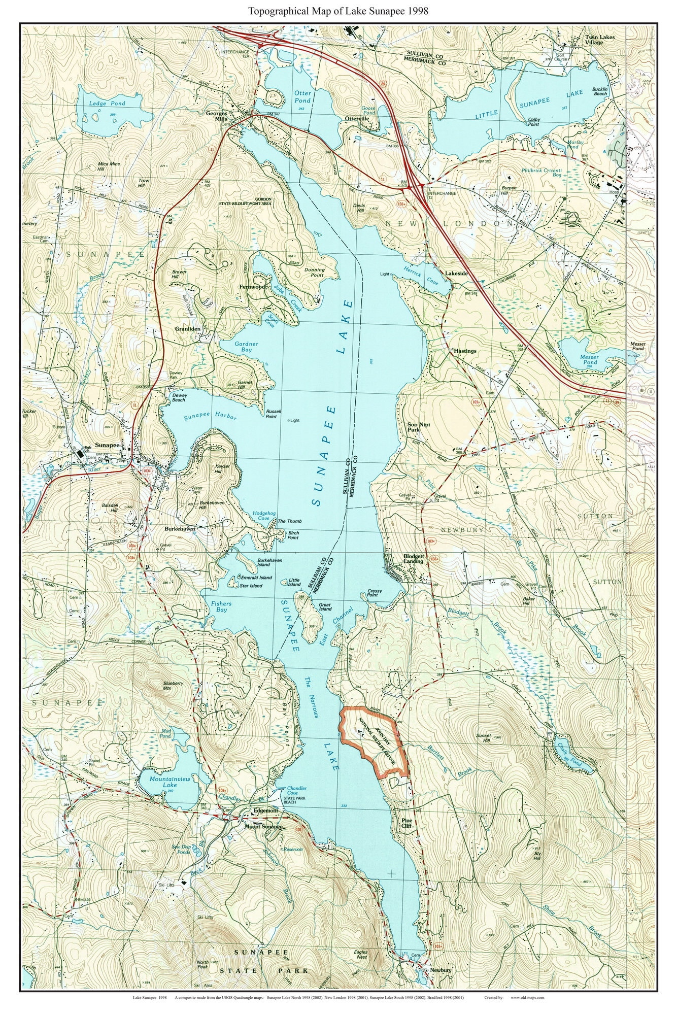 Lake Sunapee ca 1998 Old Topographic Map USGS Custom