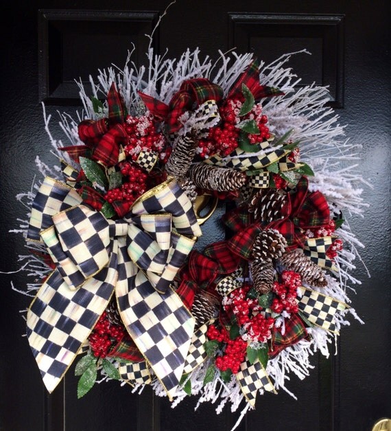 MacKenzie Childs Courtly Check Ribbon Christmas Wreath Elegant