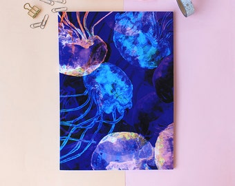 A4 Blue watercolour Jellyfish Notebook with lined pages