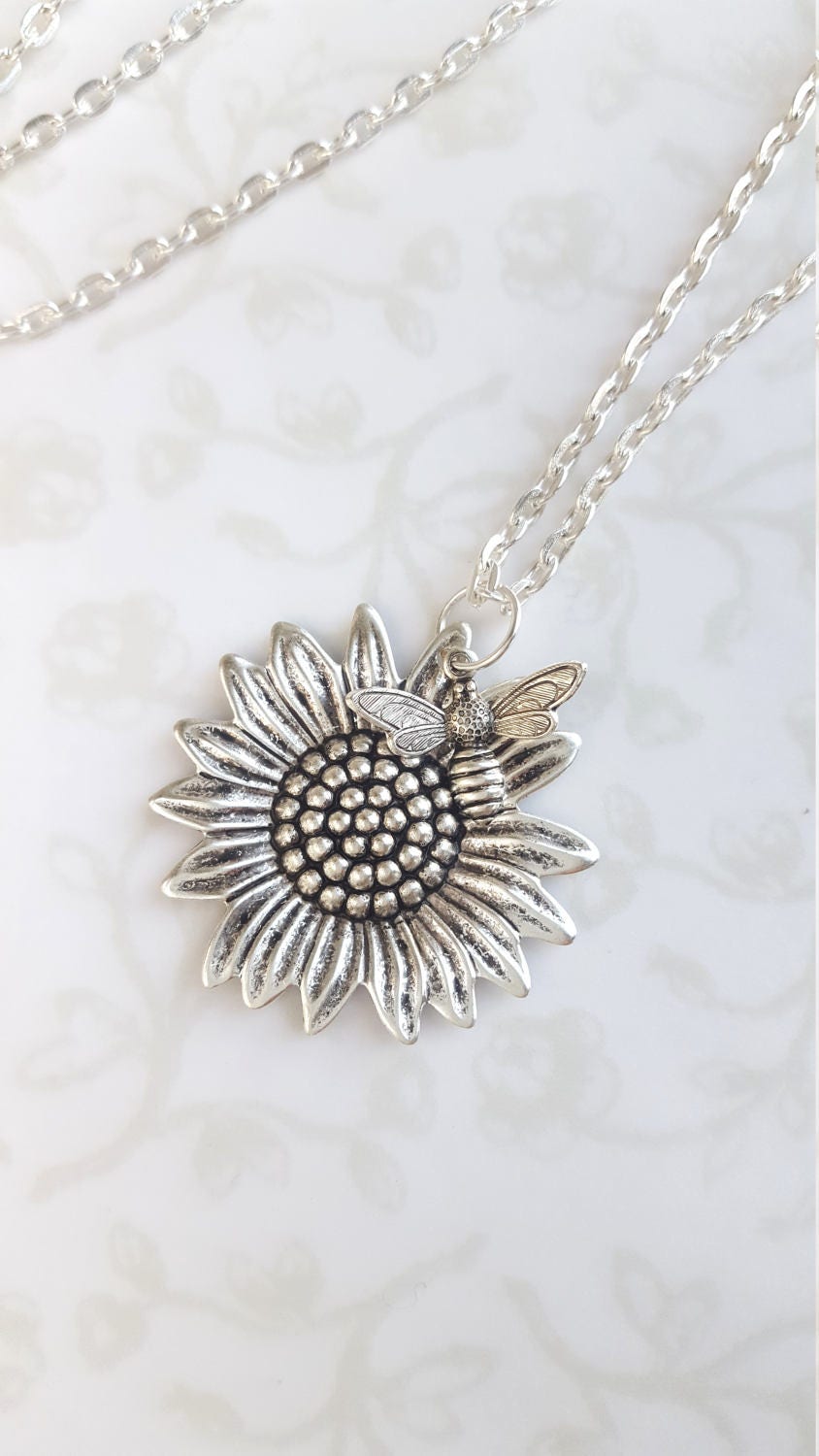 Silver Sunflower Necklace and Bee Summer Sunshine Woodland