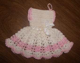Crocheted Vintage Potholder/White w/Pink Girl's Dress Potholder