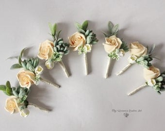 Wedding Boutonniere Grooms Button hole Rustic Groomsman Boutonniere Peach Rose Wedding boutonniere Succulent Boutonniere Clay flowers