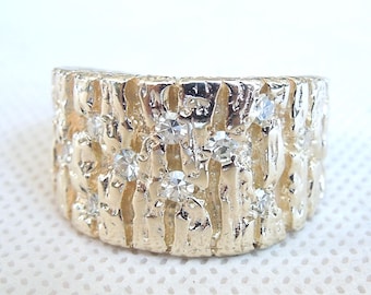 Wide Men's 18K Yellow Gold Textured Ring with Diamonds
