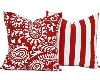 2 Red pillow covers, 1 paisley and 1 striped, cushion, decorative throw pillow, Red pillow, accent pillow, pillow case