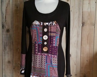 Pull bimatière, lainage jersey souple, chocolat et imprimé