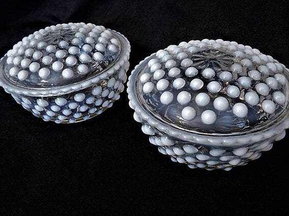 Anchor Hocking Moonstone Glass White Opalescent Hobnail Pair of Powder Jars Puff Box Vanity 1940s 40s Mid Century Home Decor Cottage Chic
