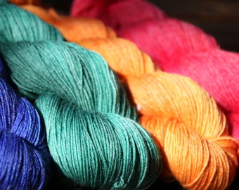 Hand dyed bamboo fingering yarn, Wool and bamboo blend superwash, different colourways