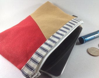 SALE,Tricolor tone canvas pouch, zip coin purse, phone clutch, phone wallet, phone pouch, red pouch, blue ticking cosmetic bag.