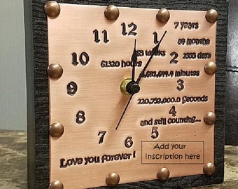 Custom Copper Engraved 7th Anniversary Clock, 7 Year Anniversary Gift for Husband or Wife with names and date, 7 year copper anniversary