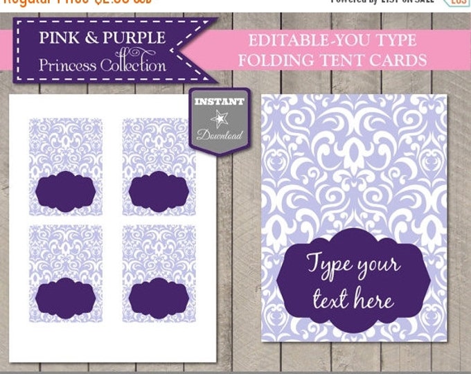 SALE INSTANT DOWNLOAD Editable Princess Folding Tent Cards / Place Cards / You Type Text / Purple and Pink Princess Collection / Item #302