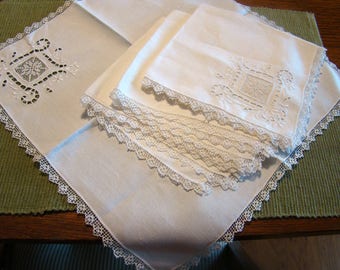Vintage white linen napkins, Fancy white cotton crocheted napkins, Wedding napkins, set of 4
