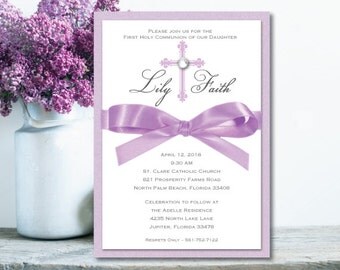Girl First Communion Invitation Purple Baptism Invitation Lavender