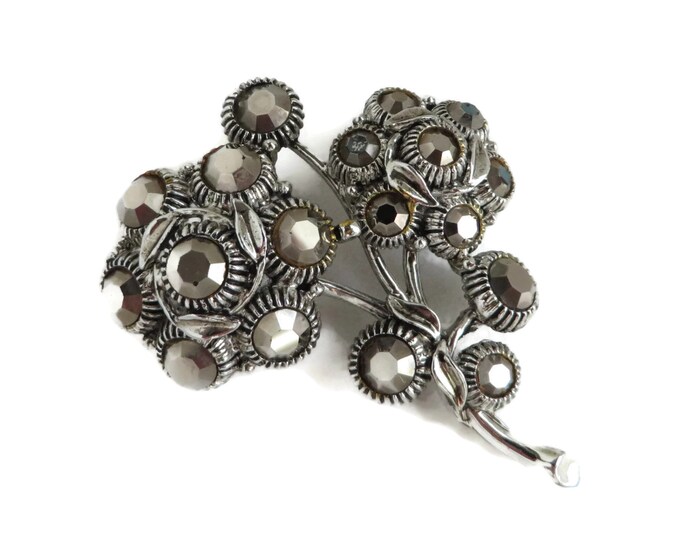 ON SALE Vintage WEISS Hematite Rhinestone Silver Tone Flower Brooch Pin