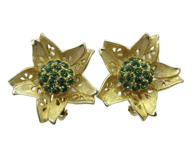 WEISS Green Rhinestone Gold Tone Flower Earrings, Vintage Clip-ons
