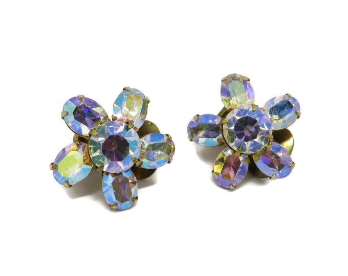 WEISS AB Rhinestone Snowflake Earrings, Vintage Clip-on Earrings