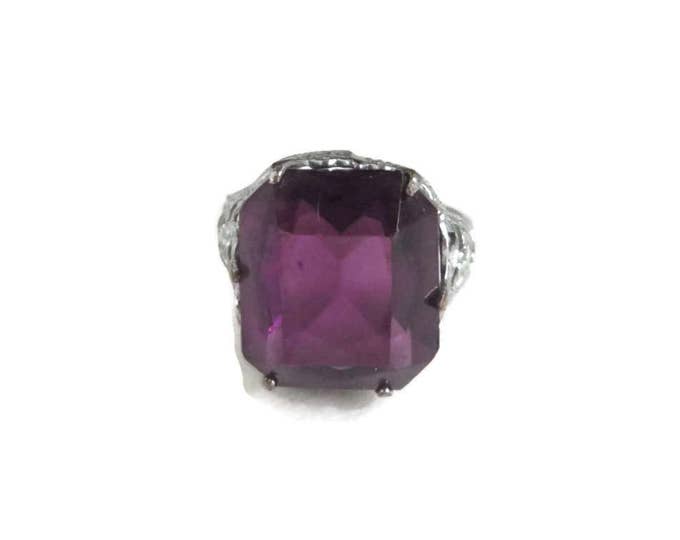 ON SALE! Vintage Amethyst Glass Silver Tone Pinky Ring, Emerald Cut Purple Glass Ring, Size 3.5