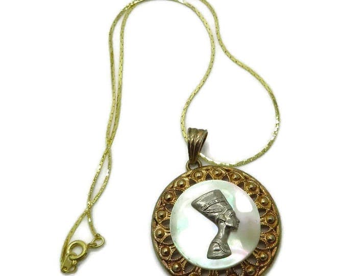Mother of Pearl Pendant - Egyptian Queen Pendant Necklace Vintage Nefertiti Pendant, Cobra Chain Necklace, Gift idea, Gift Boxed