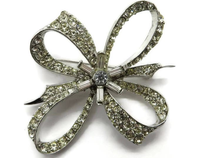 Rhinestone Bow Brooch - Vintage Estate Silver Tone Costume Jewelry Gift Brooch