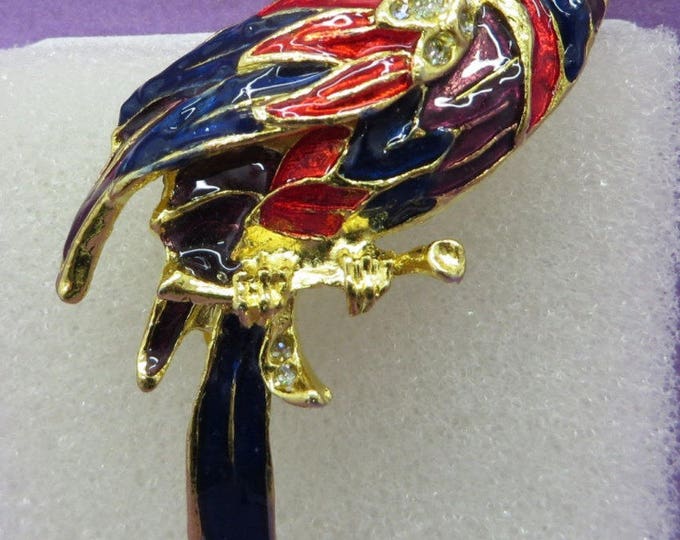 Vintage Parrot Brooch, Pendant Brooch, Rhinestone Parrot Pin, Enamel Parrot Pin, Red Blue Bird Pendant Pin, Parrot Jewelry