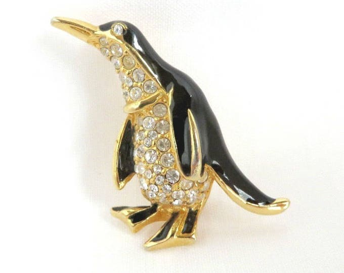 Rhinestone Penguin Brooch, Vintage Black Enamel Rhinestone Penguin Pin