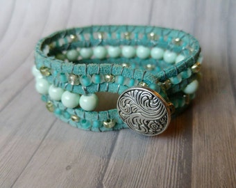 Three row turquoise and silver beaded bracelet